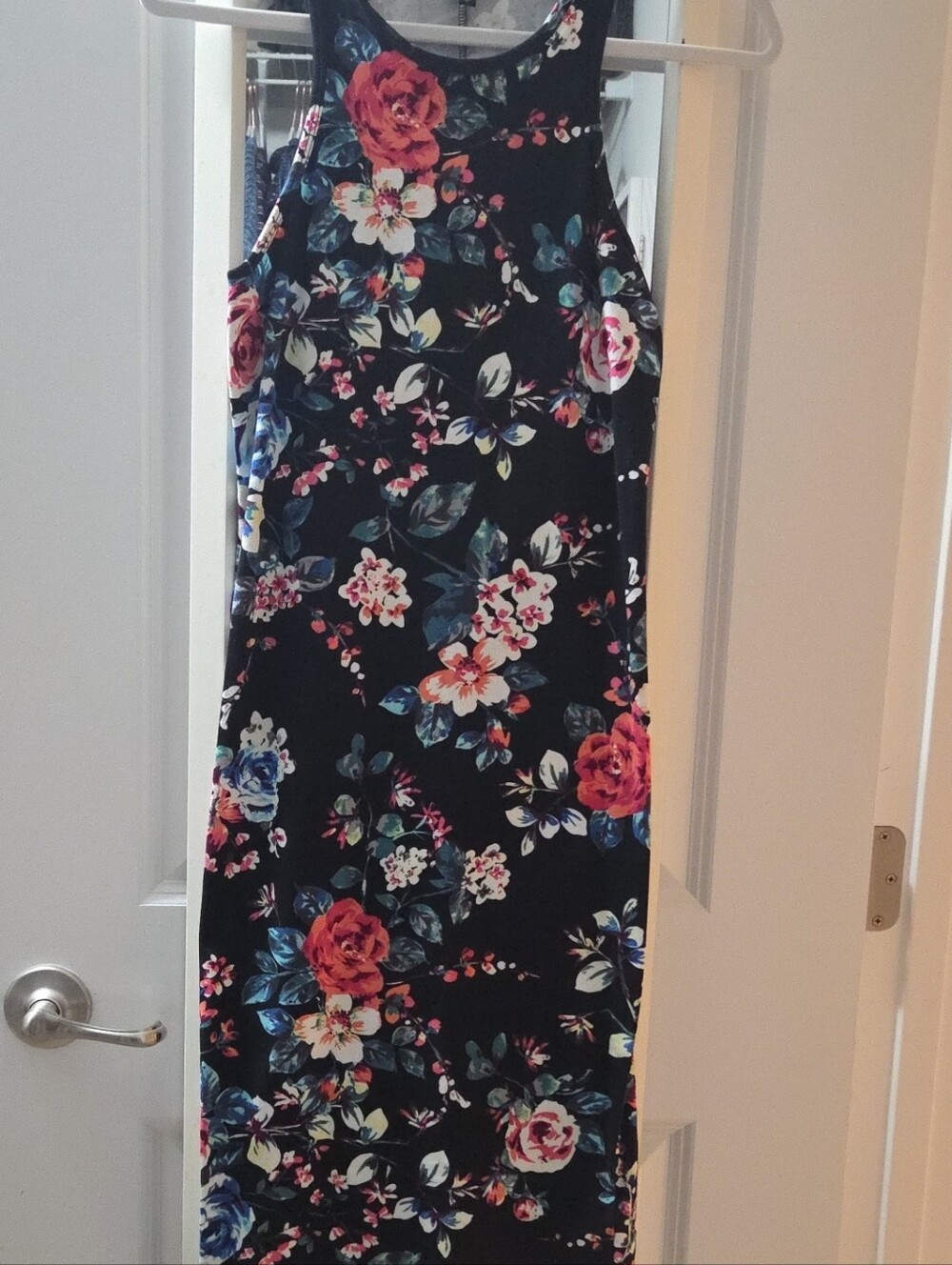 Express Black Floral Midi Dress with Red and Blue Blooms